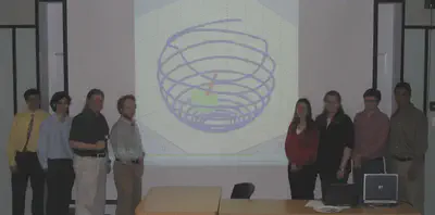2005 Capstone group with graphics from a gyroscope simulation with friction. From left to right: Ankit Shah, Alex Minicozzi, Gerardo Giordano, Prof. Roy Goodman, Kelly Winters, Laura Medwick, Bryan Shaw, Varun Oberoi